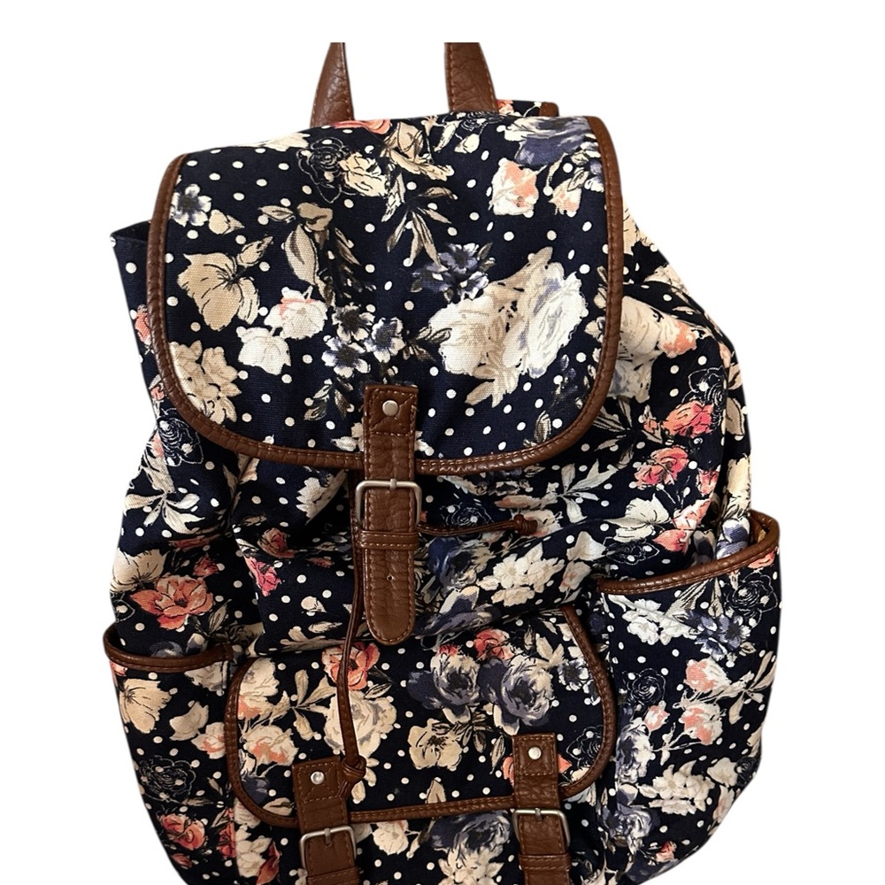 Aeropostale Floral Print Backpack with Brown Trim